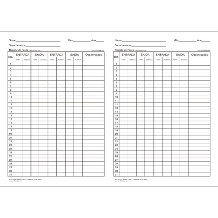 Livro de Registo de Ponto Mensal Livro de Registo de Ponto Mensal