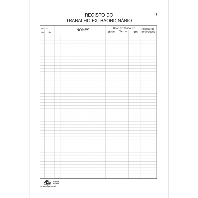 Registo Do Trabalho Extraordinário Registo Papelaria Emilio Braga 0088